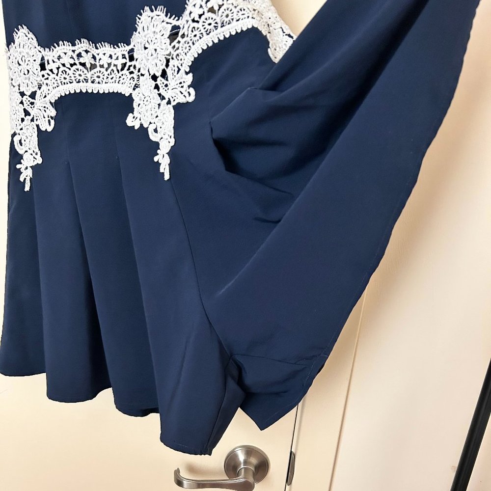 Navy Blue Halter Neck Romper with White Lacy Detail and Open Back - Picture 5 of 8